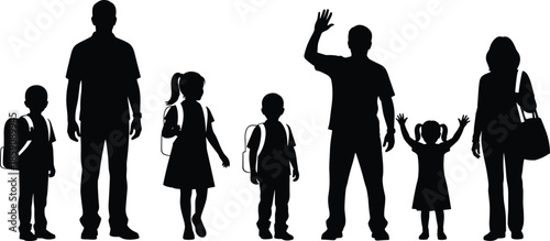 Black silhouette family walking with school children backpacks showing parents waving and kids returning home isolated on white background illustration