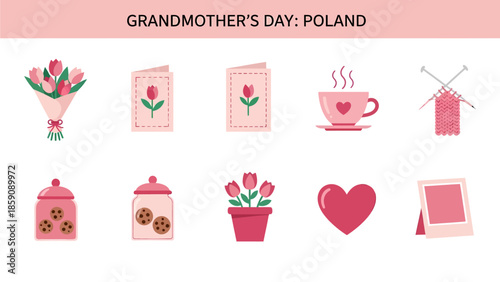 Pinkthemed icons for Grandmothers Day in Poland featuring flowers cards treats and crafts