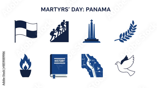 Infographic icons related to Martyrs Day in Panama in blue and white