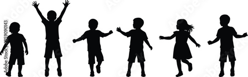 Black silhouette children playing and dancing set showing joyful kids movement poses isolated on white background childhood illustration