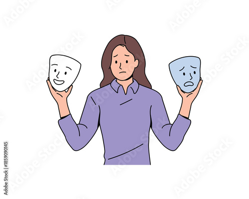 schizophrenia illustration. Smiling on the Outside, Crying on the Inside. Flat Vector