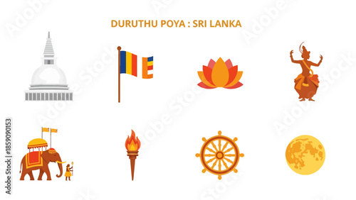 Icons related to Duruthu Poya in Sri Lanka including a stupa flags lotus dancer elephant torch wheel and moon