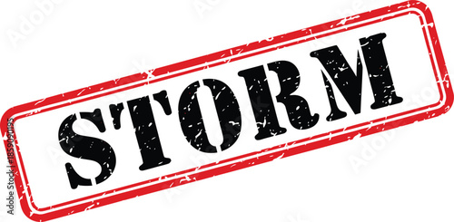 A striking red stamp displaying the word storm in bold black lettering signifying potential severe weather conditions