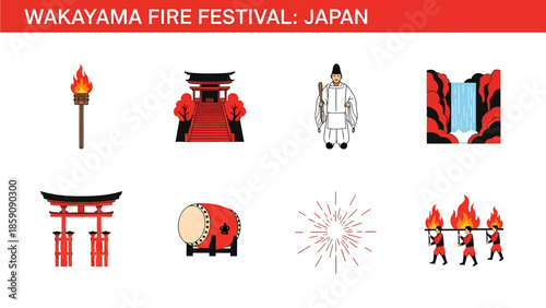 Eight icons related to the Wakayama Fire Festival in Japan including torches shrines and fire carriers