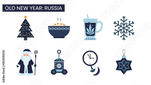 Eight blue and white icons related to Old New Year in Russia
