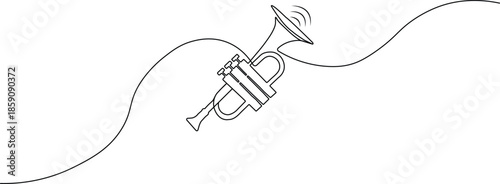 Continuous one-line drawing of a minimal trumpet icon. Sleek black outline vector of a brass instrument for jazz, music, and orchestra themes.