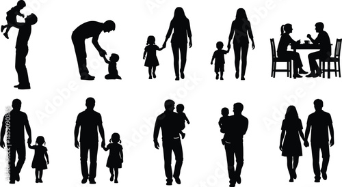 Black silhouette family activities set showing parents and children bonding through care love walking and dining moments isolated on white background illustration