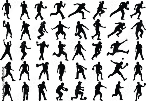 Black silhouette athletes running jumping and throwing set showing dynamic sports action poses isolated on white background illustration collection
