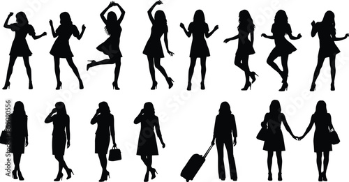 Black silhouette women set showing dancing shopping walking and travel poses illustrating modern lifestyle fashion activities isolated on white background
