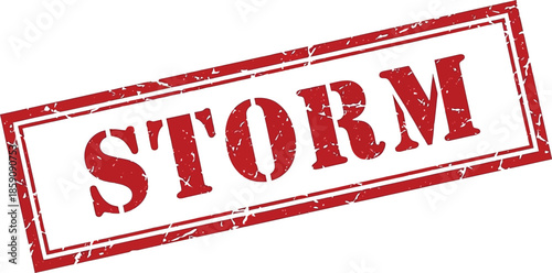 A rectangular distressed red stamp boldly displaying the word storm in large textured white capital letters is shown