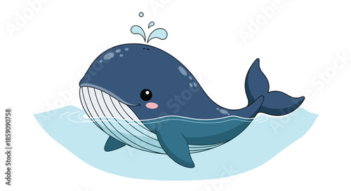 A charming cartoon blue whale with a friendly smile surfaces in the water, spouting water from its blowhole, perfect for playful themes.