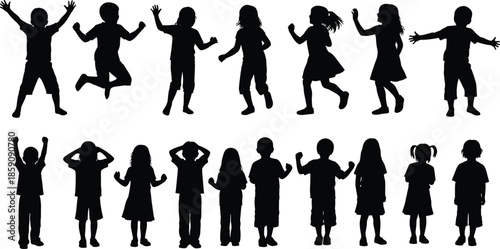 Black silhouette children jumping and dancing set showing joyful kids movement poses isolated on white background playful illustration collection