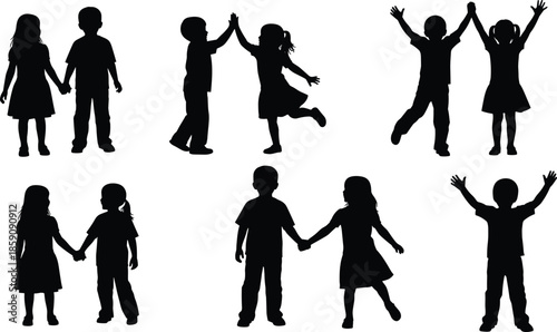 Black silhouette children holding hands and celebrating friendship set showing happy kids poses isolated on white background illustration
