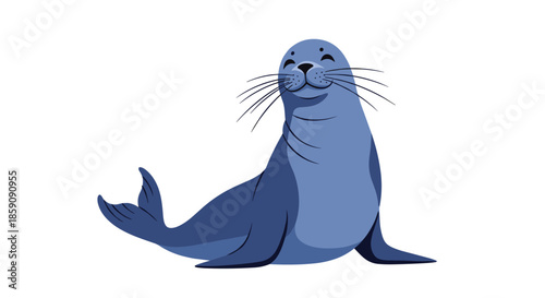 A cheerful blue seal character illustration with long whiskers and a happy, smiling expression.