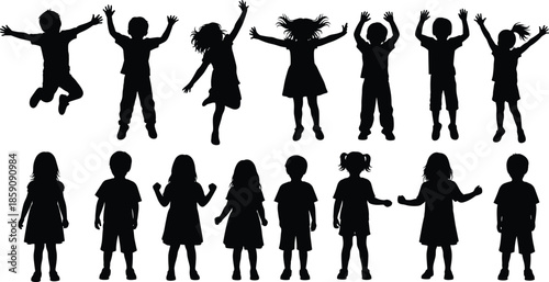 Black silhouette children jumping and playing set showing joyful kids poses isolated on white background illustration collection design vector