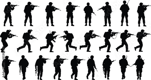 Black silhouette armed soldiers set showing military combat patrol poses with rifles isolated on white background illustration collection