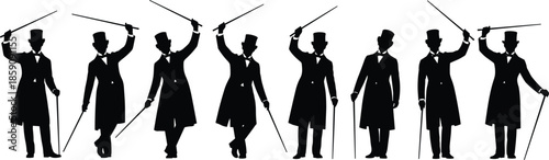 Black silhouette gentlemen with canes and top hats performing elegant vintage walking poses isolated on white background illustration set