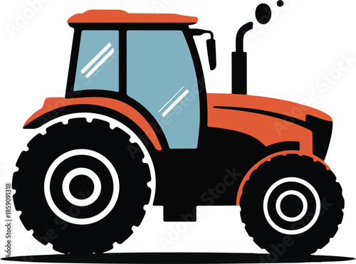 Vibrant Orange Tractor Vector Graphic Illustration with Blue Accents and Black Wheels for Agricultural Use