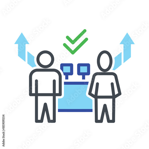Two individuals achieving success through teamwork and strategic planning at a service counter with upward arrows indicating growth