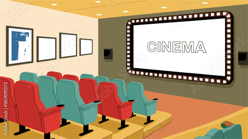 Contemporary cinema interior with red and turquoise seats, curved rows, LED-lit movie screen, dark walls, and clean modern theater design.