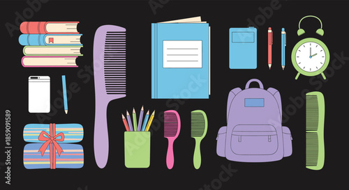 A vibrant collection of essential school supplies and personal items neatly arranged on a dark background, ideal for back-to-school themes.
