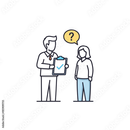 Line art illustration of a man conducting a survey or interview with a woman, highlighting feedback, assessment, and question-answer dynamics