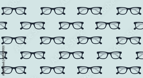 A seamless pattern features rows of stylish black-framed eyeglasses against a soft blue background, evoking themes of vision and intellectual pursuits.
