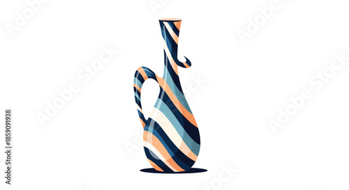 An abstract and modern striped jug with a distinctive handle and curved spout, featuring a vibrant color palette of blue, orange, and white.