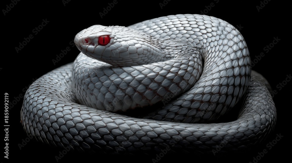 Fototapeta premium A coiled grey snake with striking red eyes rests against a dark backdrop,