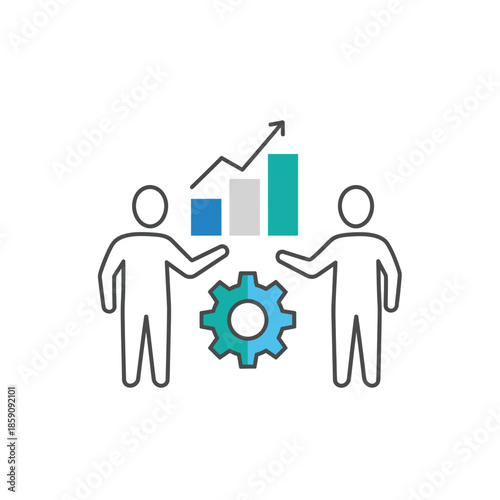 Business growth and collaboration depicted by two figures, a gear, and a bar chart with an upward trend line