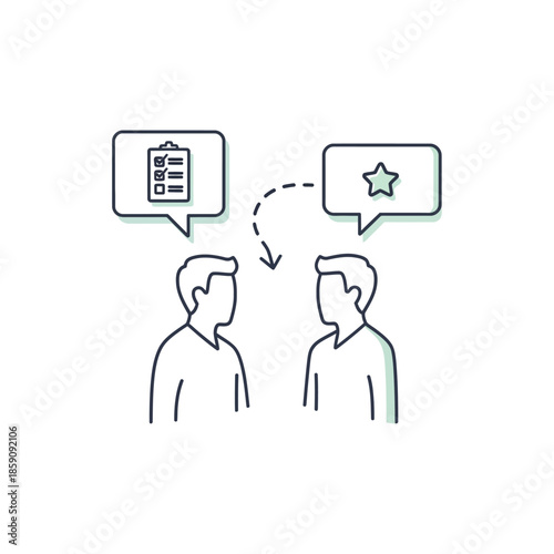 Conceptual illustration of a feedback session between two individuals, with a checklist and a star icon exchanged in speech bubbles