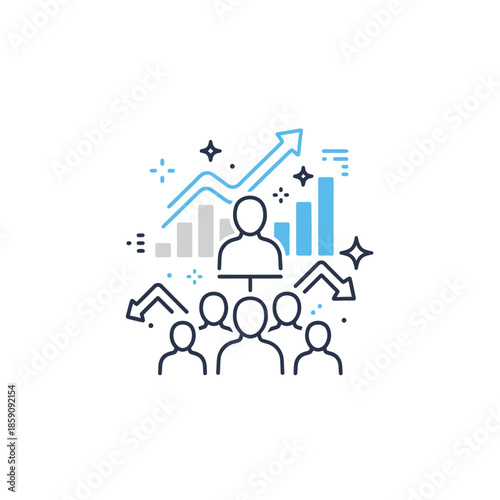 Business growth and team success illustrated with charts and people icons
