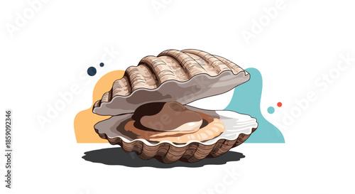 An elegant cartoon illustration depicts an open oyster shell, revealing a precious pearl nestled within, against a white background with abstract shapes.