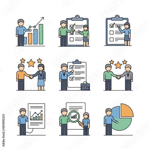 Flat line illustrations of business strategy, data analysis, project management, and team collaboration for corporate growth and successful organizational development