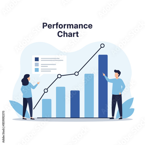 Business professionals analyzing a performance chart, illustrating growth and data analysis concepts in a modern flat design