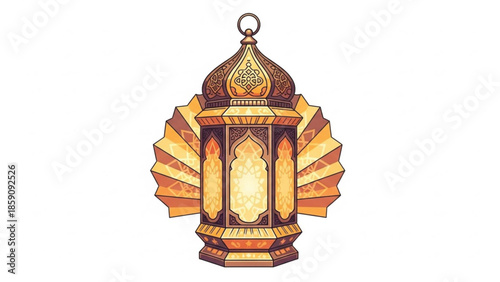 Ornate golden Islamic lantern with intricate details and warm glow, perfect for Ramadan or festive decorations.