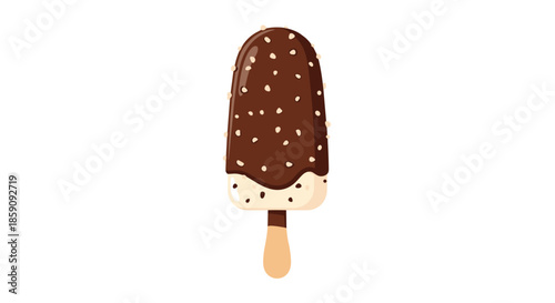A delicious cartoon illustration of a chocolate-covered ice cream bar with crunchy nuts on a stick, perfect for a refreshing summer treat.