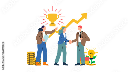 A trio of professionals shake hands in front of a rising arrow, trophy, and spark of ideas, symbolizing collaboration, growth, and achievement in a thriving business setting