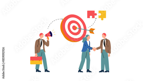 A business team celebrates a success, shaking hands while a colleague speaks through a megaphone. The bullseye target puzzle pieces symbolize alignment, partnership, clear strategic communication