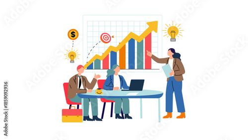 A diverse team reviews a rising growth chart during a strategy session, using laptops and notes to plan for future success in a collaborative office setting