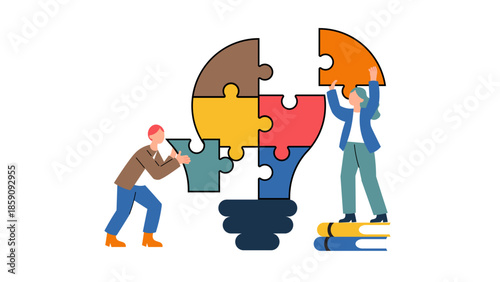 A colorful illustration of two people assembling puzzle pieces into a lightbulb, symbolizing teamwork, creativity, and problem solving