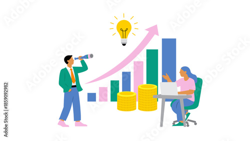 A team-oriented business scene showing growth and ideas: a researcher using a telescope, a coder at a laptop, rising bar charts, coins, and a lightbulb symbolizing insight and upward momentum