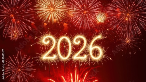 New Year 2026 Celebration with Golden Sparkler Numbers and Red Fireworks