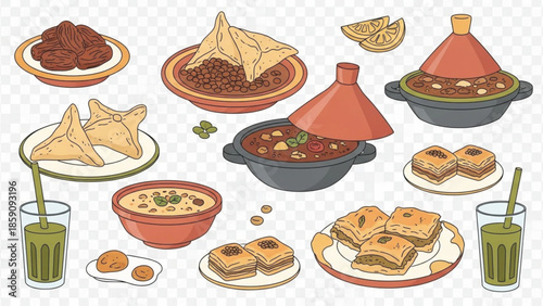 A vibrant collection of traditional Middle Eastern and North African dishes, including tagines, pastries, and desserts, served with refreshing green drinks.