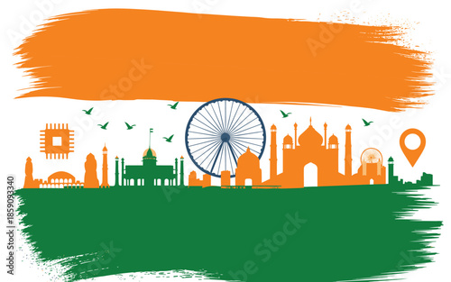 Colorful of iconic Indian landmarks and skyline with flag colors