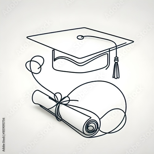 Graduation cap and scroll. Continuous line drawing, One continuous line drawing of graduation hat, certificate, and graduation letter paper roll. Academical graduation hat equipment element icon