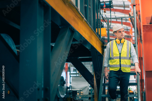 Caucasian industrial engineer man wear safety helmet vest walking down metal stairs in factory. Professional worker holding handrail safety routine. Heavy manufacturing plant background.