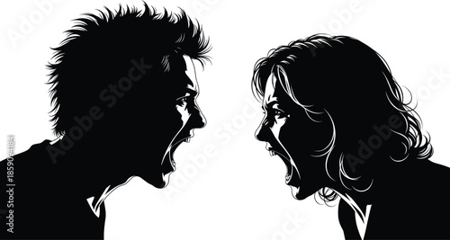 Black silhouette vector of two people arguing face to face, expressing emotional conflict, anger, and intense communication tension concept.