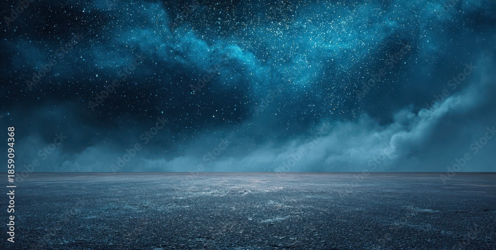 Fototapeta premium Dramatic Cosmic Blue Swirling Sky Over Empty Textured Concrete Floor Stage Background.