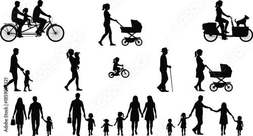 Black Silhouette Vector Set of Family Activities, Parenting, Elderly Care, Outdoor Lifestyle, Baby Stroller, Walking, Cycling, and Togetherness